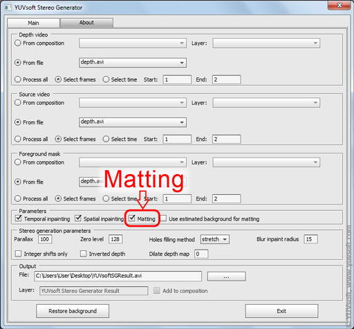 Matting is a part of the YUVsoft Stereo Generator tool
