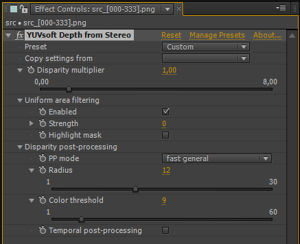 YUVsoft Depth from Stereo options