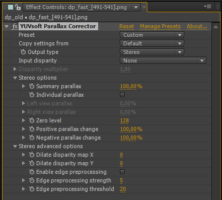 YUVsoft Parallax Corrector options